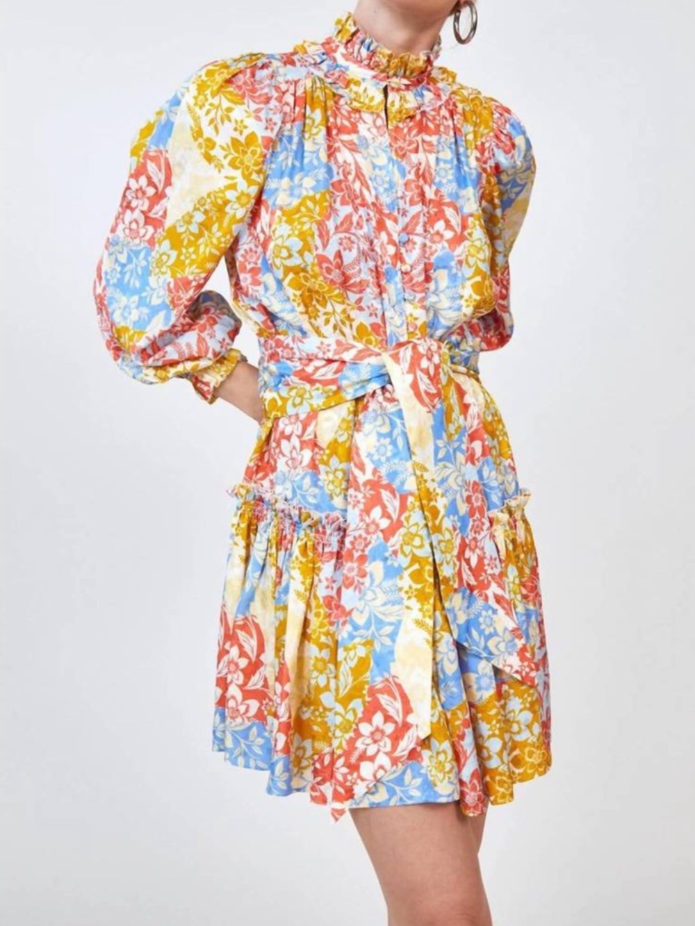 Hunter Bell Blakely Long Sleeve Silk Dress in Colorful Flower Patchwork, Medium